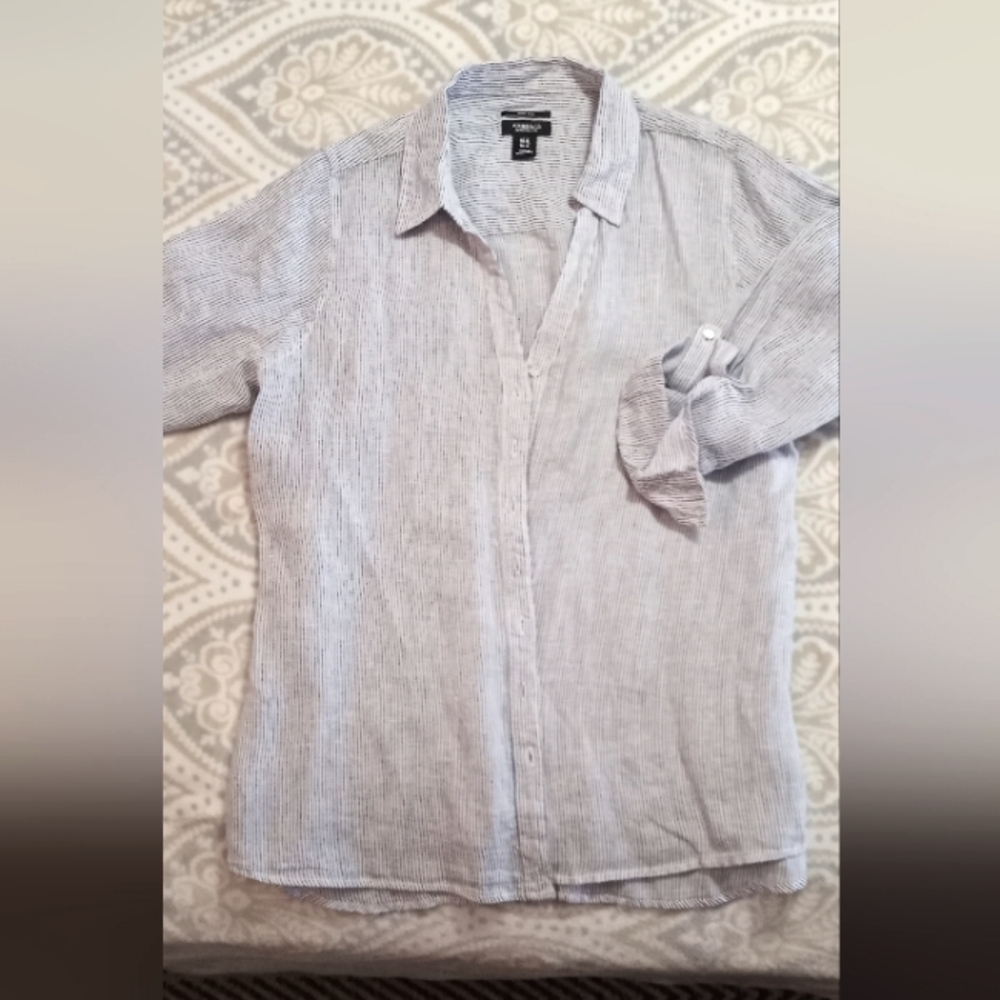 Cute Linen Button Up 1X by Jones & Co. White w/ Blue Pinstripes NWOT